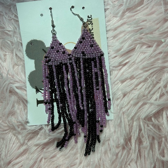 Purple and Black Beaded Fringe Earrings - Picture 1 of 3